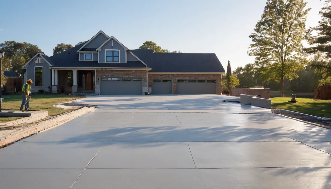 A new broom-finished concrete driveway at a Freeburg home with tidy lawn edges