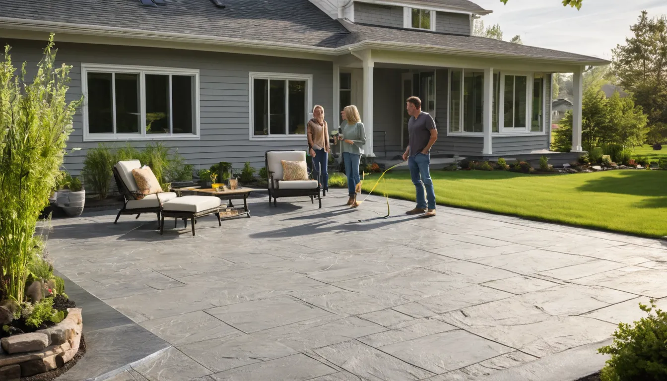 Stamped concrete patio with a stone pattern behind a frame house in the Freeburg area